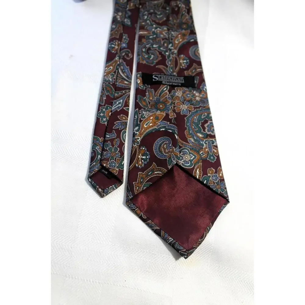 Vintage Statesman Silk Necktie, Joseph Horne's, 4 X 57, Burgundy, Blue Paisley
